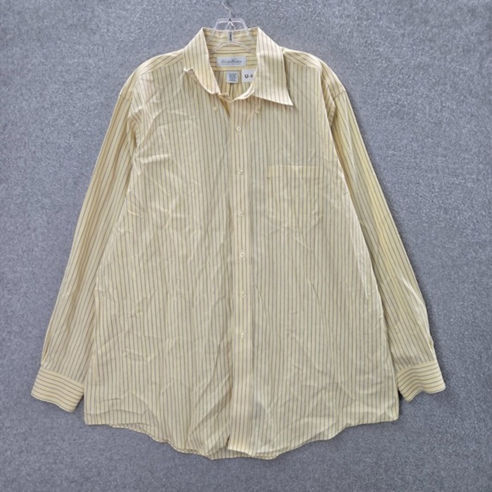 Brooks Brothers Men Button Up Shirt 17.5 Yellow‎ Strip Dress Original Polo Shirt